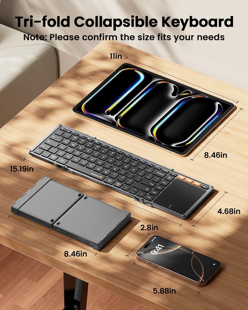 ProtoArc لوحة مفاتيح قابلة للطي مع لوحة تتبع، XK01 TP لوحة مفاتيح محمولة قابلة للطي، مفاتيح بحجم كامل، لوحة تتبع كبيرة، لوحات مفاتيح بلوتوث للسفر للكمبيوتر المحمول والكمبيوتر اللوحي - أسود رمادي - Image 3